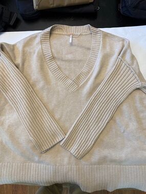 Free People Cream V-Neck Ribbed-Sleeve Sweater